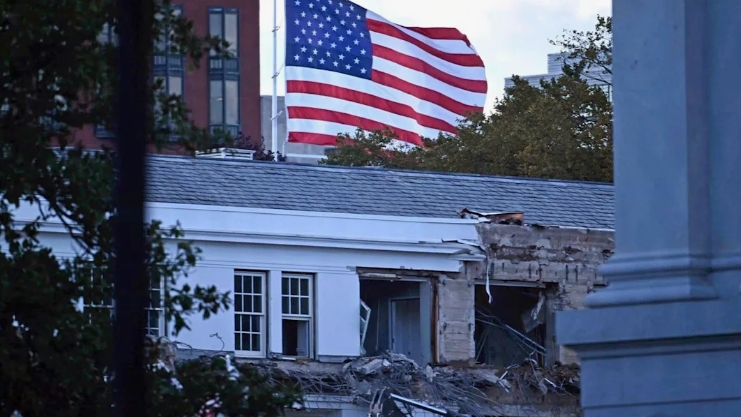 Trump defends White House ballroom as 'shed' for secret military complex beneath.