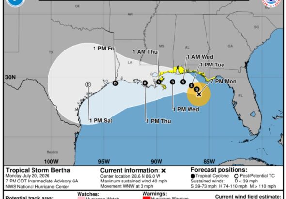 Forecasts warn of flooding as Tropical Storm Bertha forms in the Gulf.