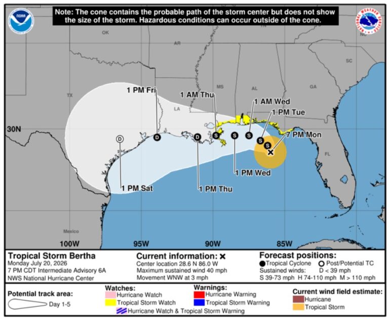 Forecasts warn of flooding as Tropical Storm Bertha forms in the Gulf.